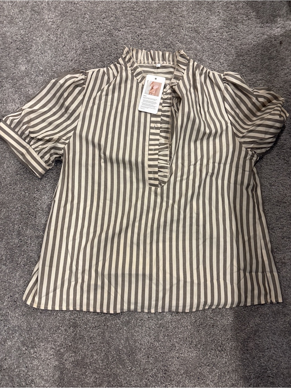 Striped Ruffle-Trim Short Sleeve Blouse - Beige/White
